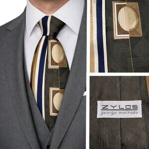 Vintage Zylos Abstract Geometric Men's Neck Tie 80s 90s Silk Green Brown